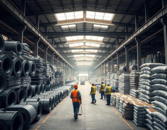 Workers in a South African industrial warehouse with stacked raw materials, representing producer price trends.