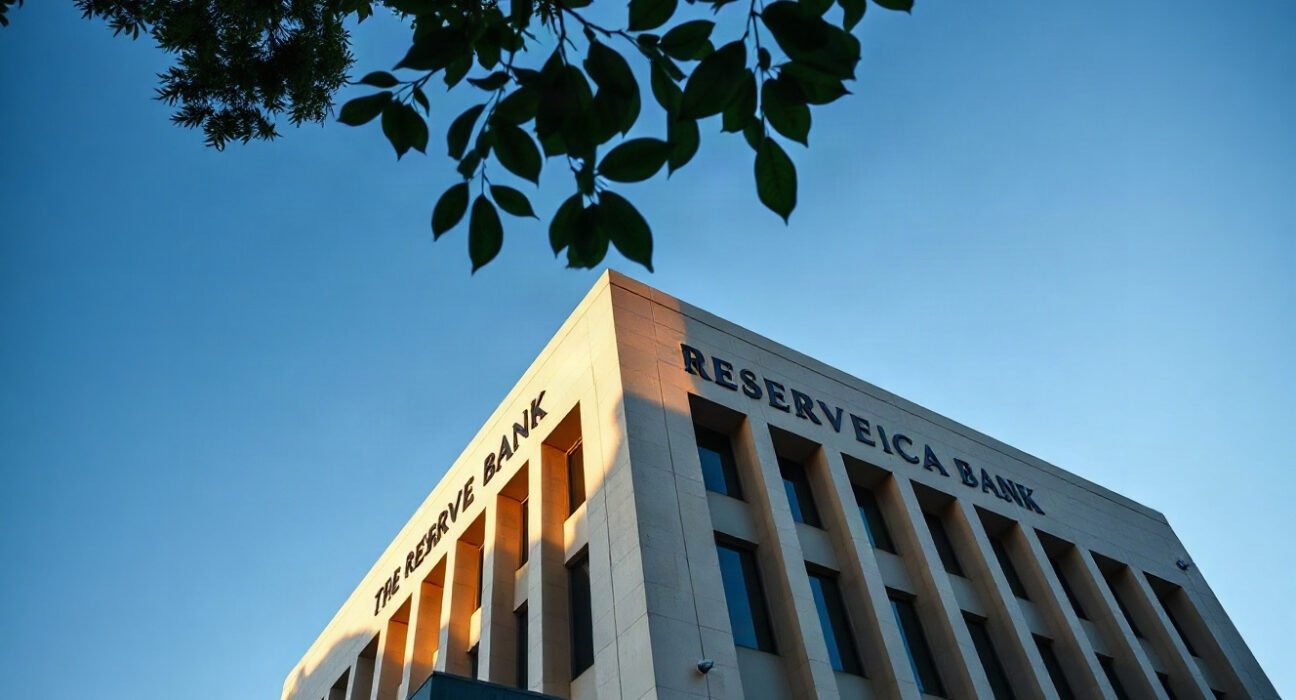 South African Reserve Bank building in Pretoria on a clear day, representing economic policy and inflation.