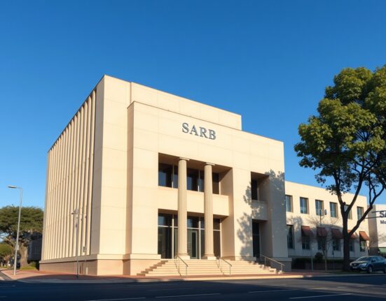South African Reserve Bank building representing monetary policy decisions amid economic pressures from global conflicts.