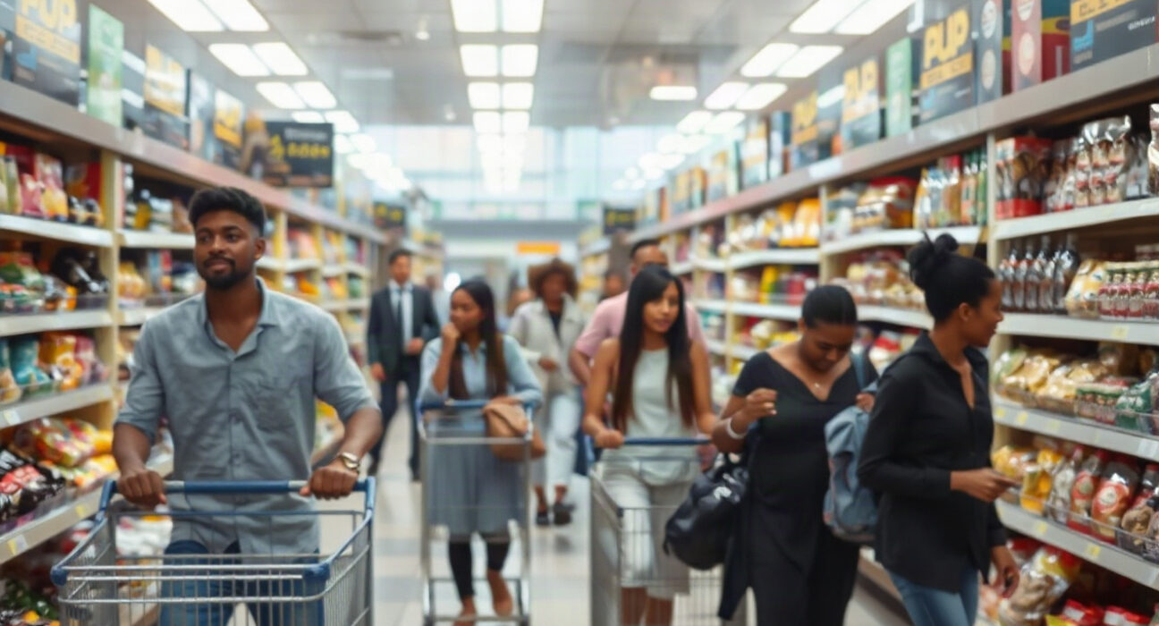 Shoppers in a South African supermarket aisle with stocked shelves, representing retail activity.