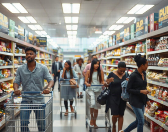 Shoppers in a South African supermarket aisle with stocked shelves, representing retail activity.