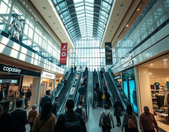 Shoppers in a busy Johannesburg mall, representing South Africa retail sales activity.