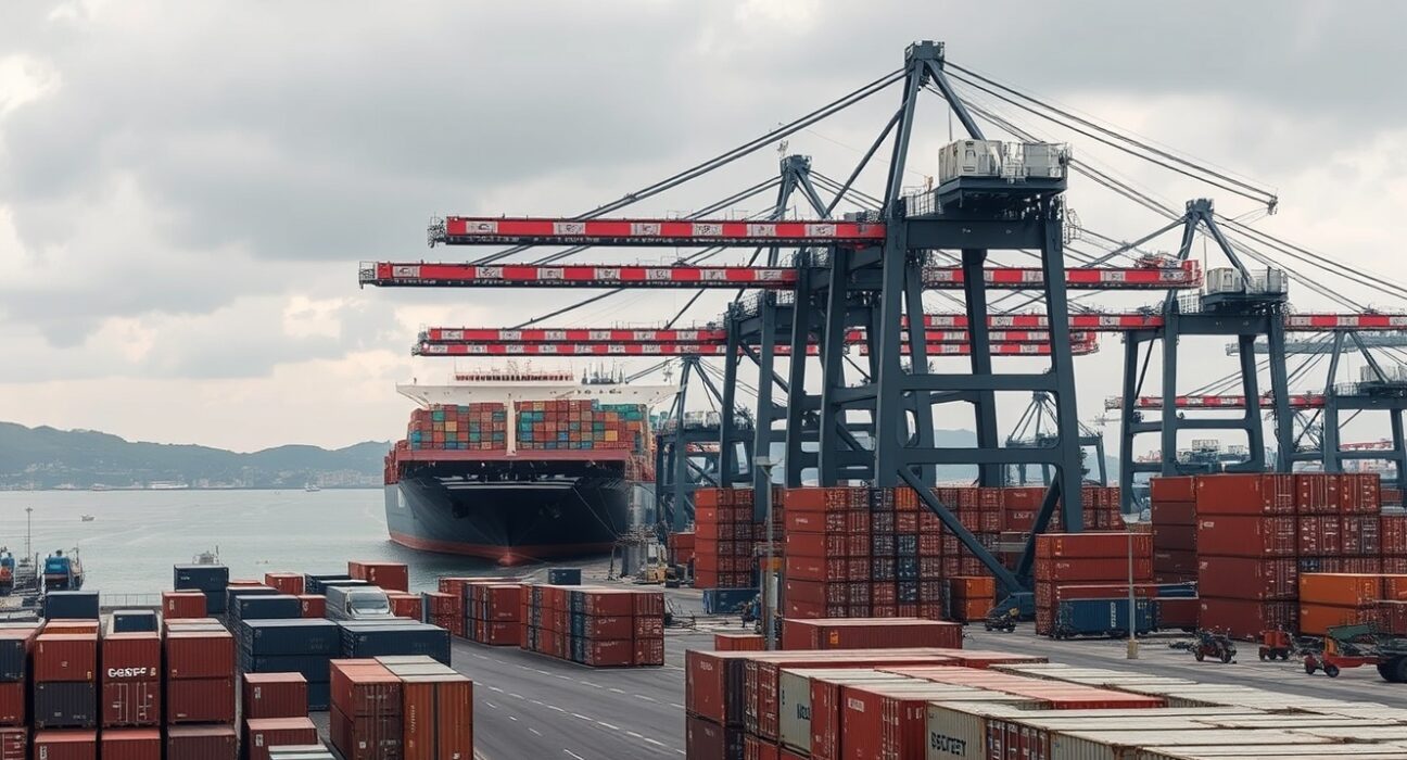 Aerial view of a busy container port in South Africa with ships and cranes.