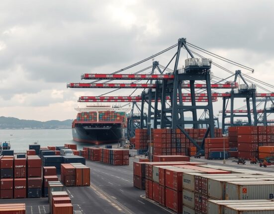 Aerial view of a busy container port in South Africa with ships and cranes.