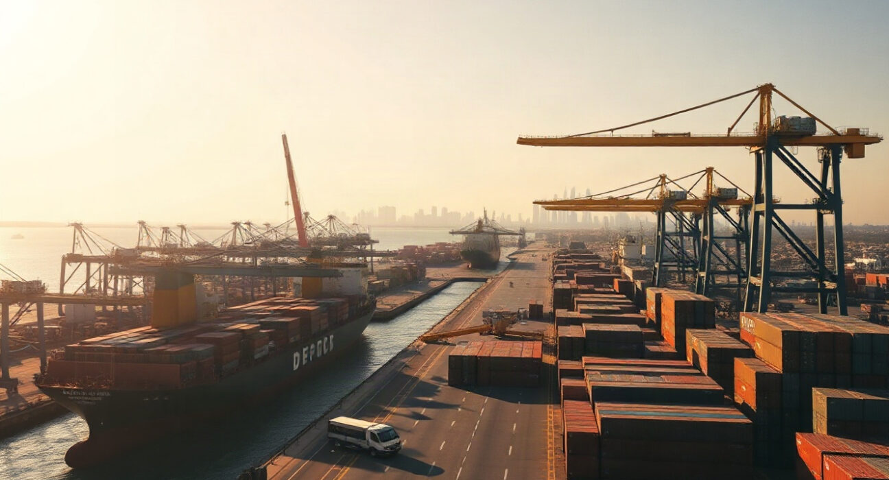 Port of Durban with cargo ships and cranes, symbolizing South Africa's trade activity in July.