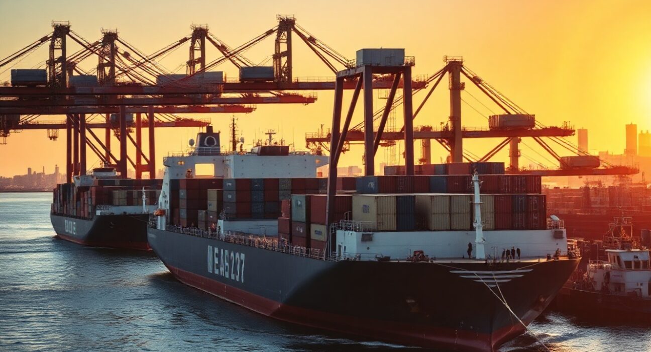 Cargo ships and cranes at a South African port at sunset, representing trade activity.
