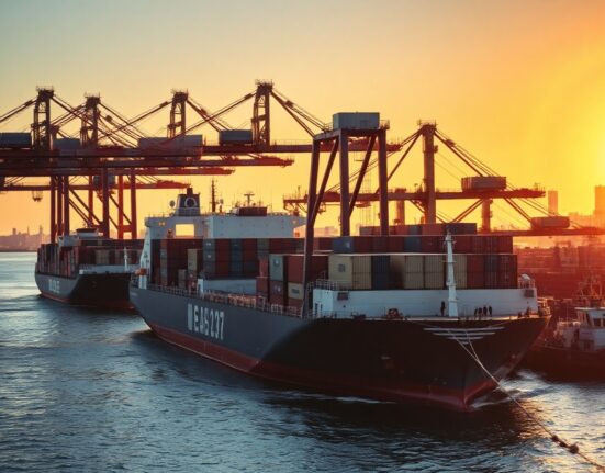 Cargo ships and cranes at a South African port at sunset, representing trade activity.