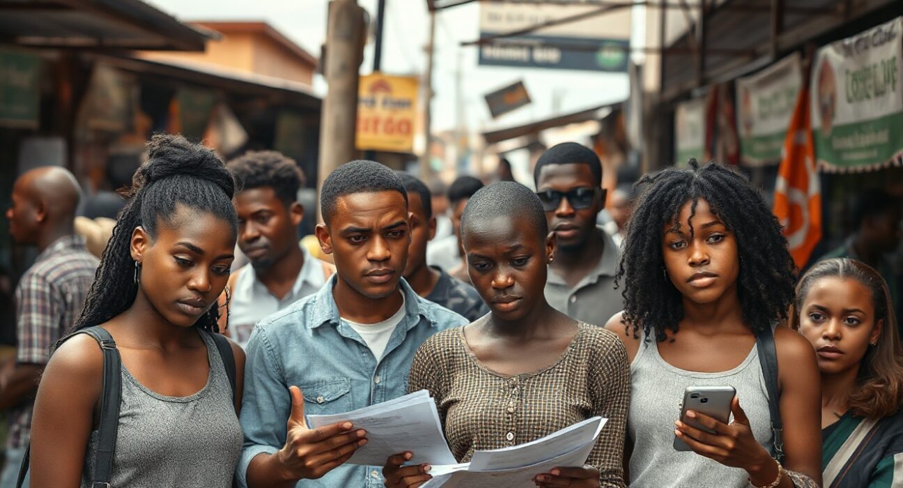 Young South Africans at a street market in Johannesburg, reflecting job-seeking amid rising unemployment.