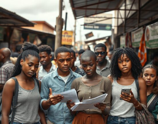 Young South Africans at a street market in Johannesburg, reflecting job-seeking amid rising unemployment.