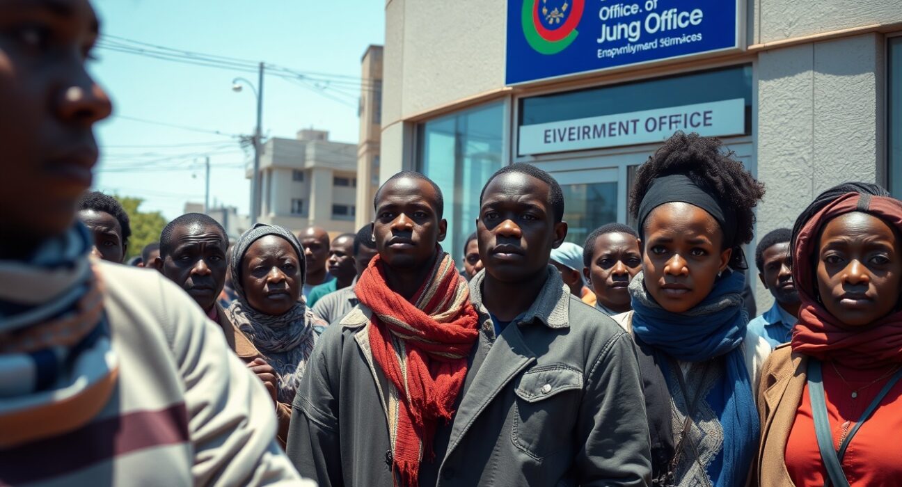 Job seekers outside an employment office in South Africa, reflecting the rise in unemployment to 8.48 million in Q2 2024.