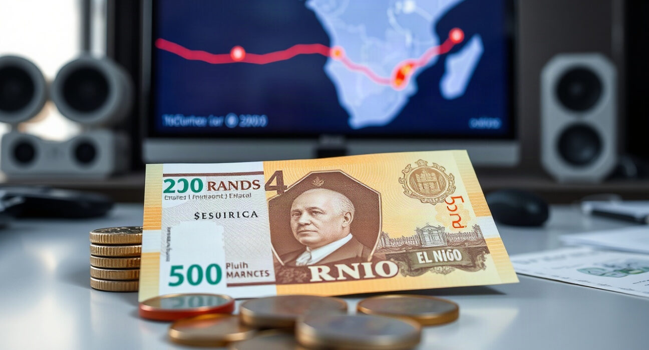 South African rand banknotes with a weather map in the background, illustrating El Niño inflation risks.