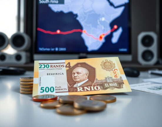 South African rand banknotes with a weather map in the background, illustrating El Niño inflation risks.