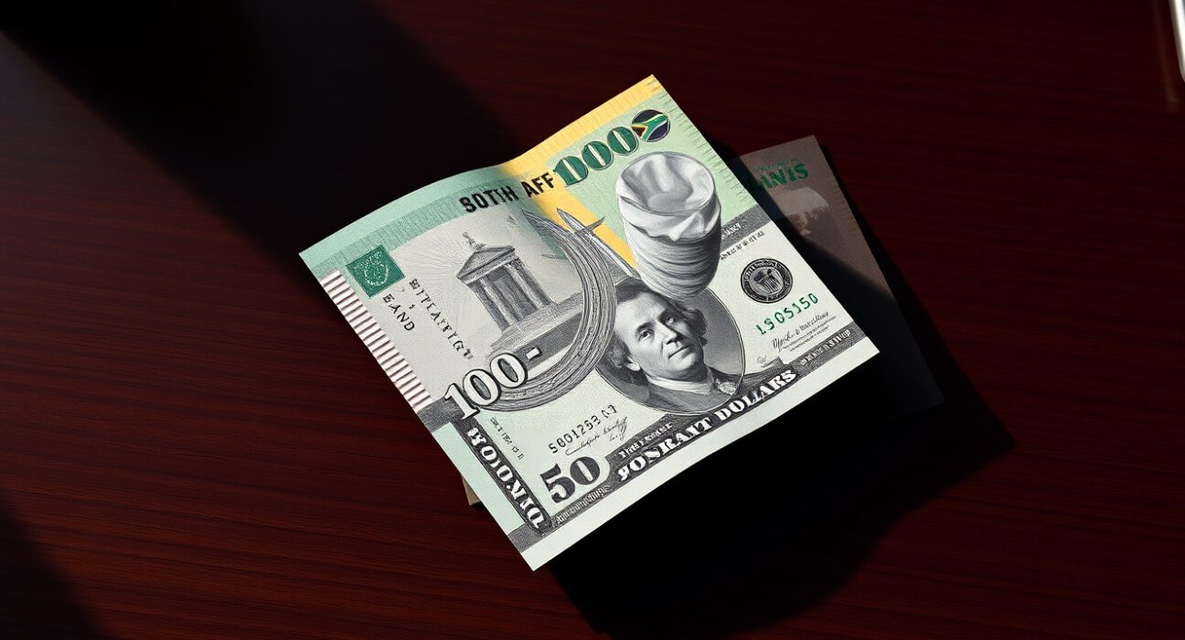 South African rand currency declining against the strong US dollar in forex markets.