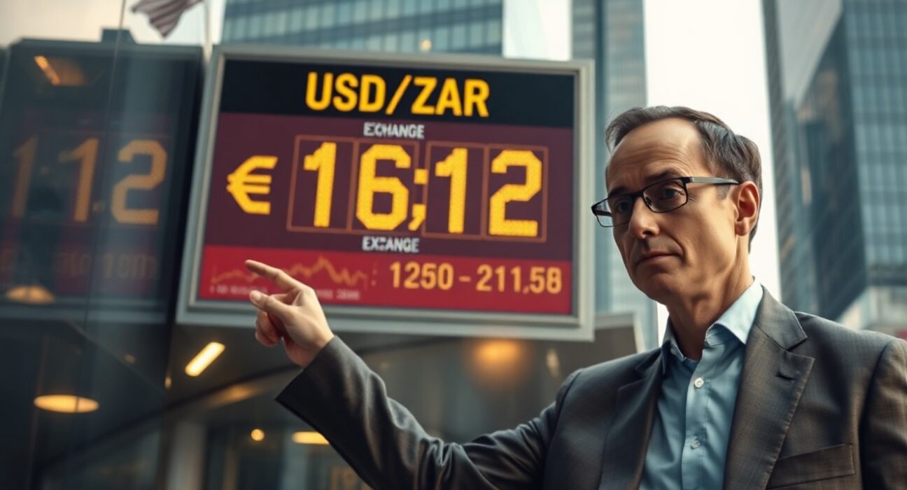 Currency exchange board showing USD/ZAR rate at 16.12 in Johannesburg financial district