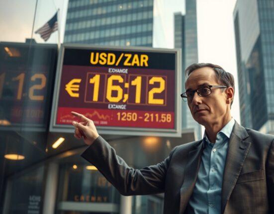 Currency exchange board showing USD/ZAR rate at 16.12 in Johannesburg financial district