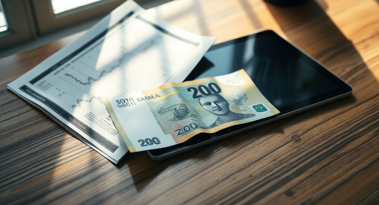 South African Rand banknote and financial chart on desk