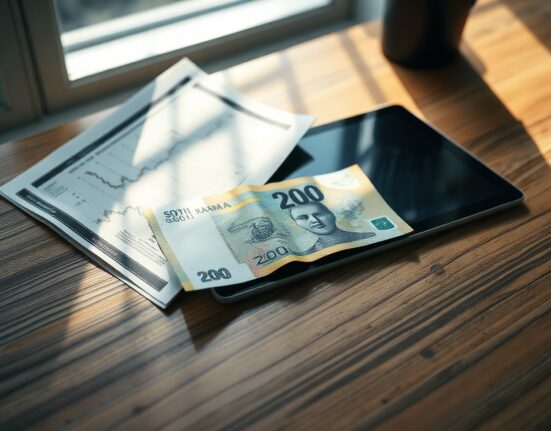 South African Rand banknote and financial chart on desk