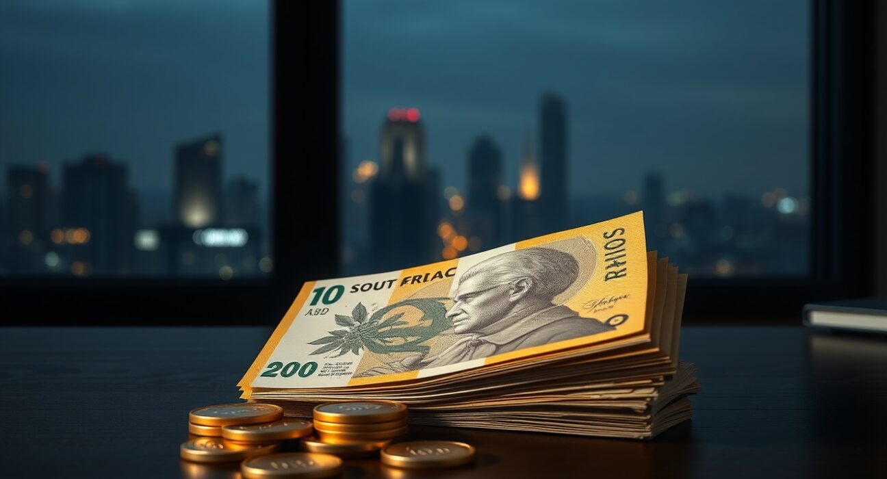 South African rand banknotes and gold coins on a desk representing currency and precious metals market analysis.