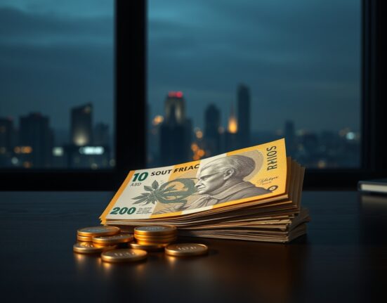 South African rand banknotes and gold coins on a desk representing currency and precious metals market analysis.