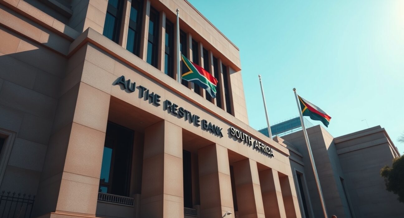 South African Reserve Bank building in Pretoria on a sunny day, representing central bank credibility and currency policy.