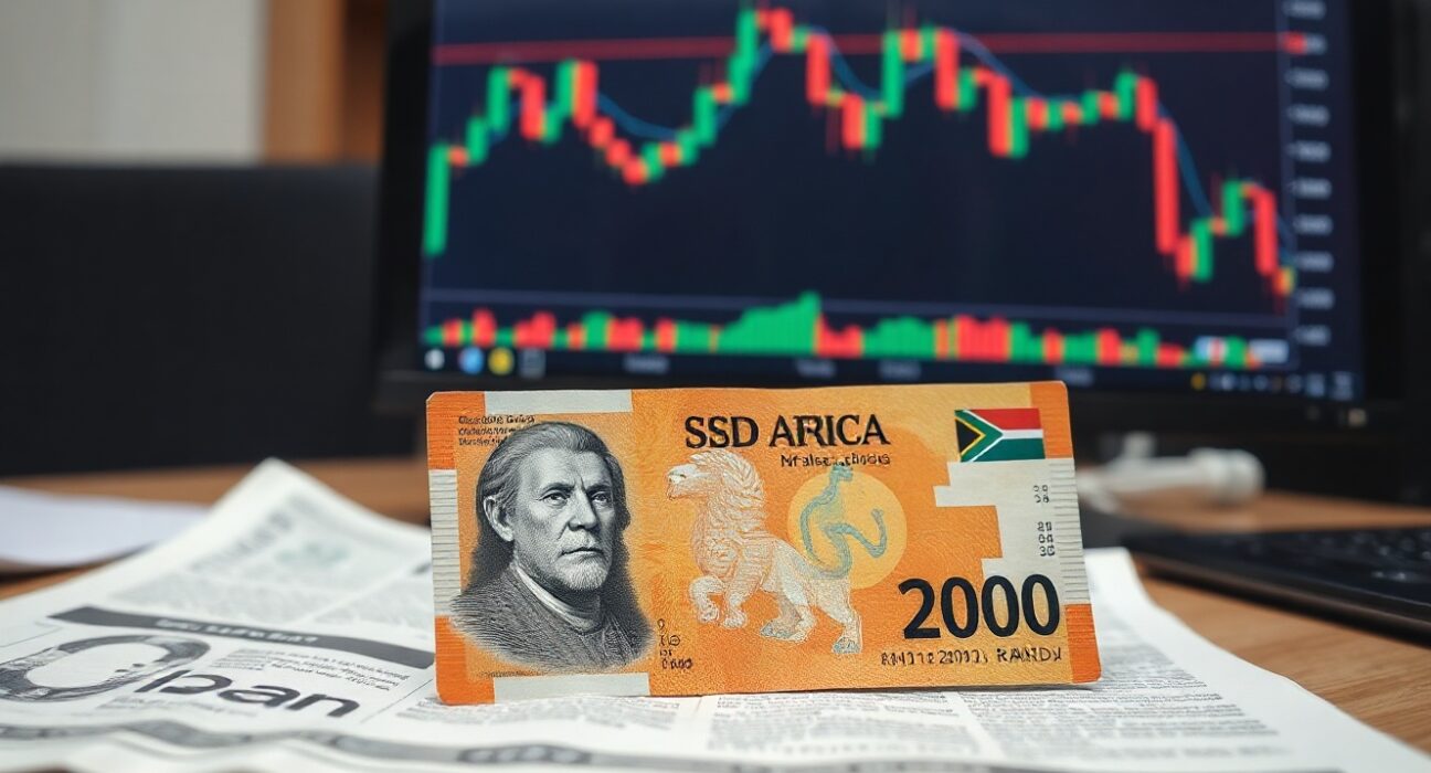 South African rand banknotes with a USD/ZAR chart on a monitor, representing currency market analysis