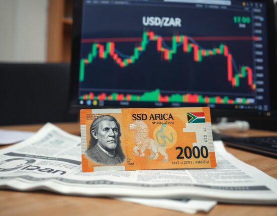 South African rand banknotes with a USD/ZAR chart on a monitor, representing currency market analysis