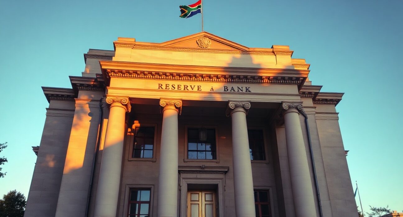 South African Reserve Bank building in Pretoria, with the national flag, under a clear sky.