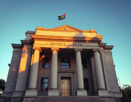 South African Reserve Bank building in Pretoria, with the national flag, under a clear sky.