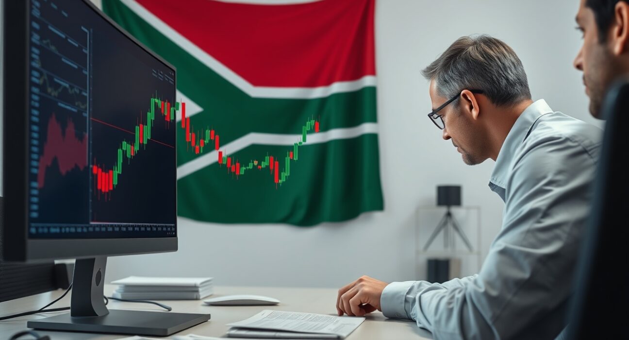 Financial analyst monitoring USD/ZAR exchange rate charts after SARB rate decision.