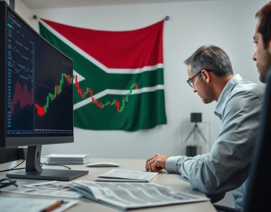 Financial analyst monitoring USD/ZAR exchange rate charts after SARB rate decision.