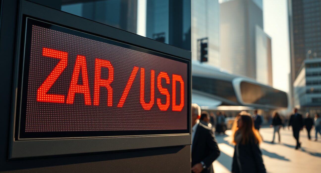 Digital currency exchange board in Johannesburg showing ZAR/USD rate decline after SARB decision