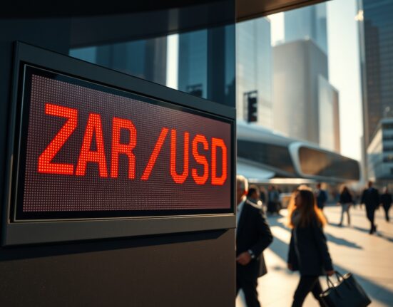 Digital currency exchange board in Johannesburg showing ZAR/USD rate decline after SARB decision