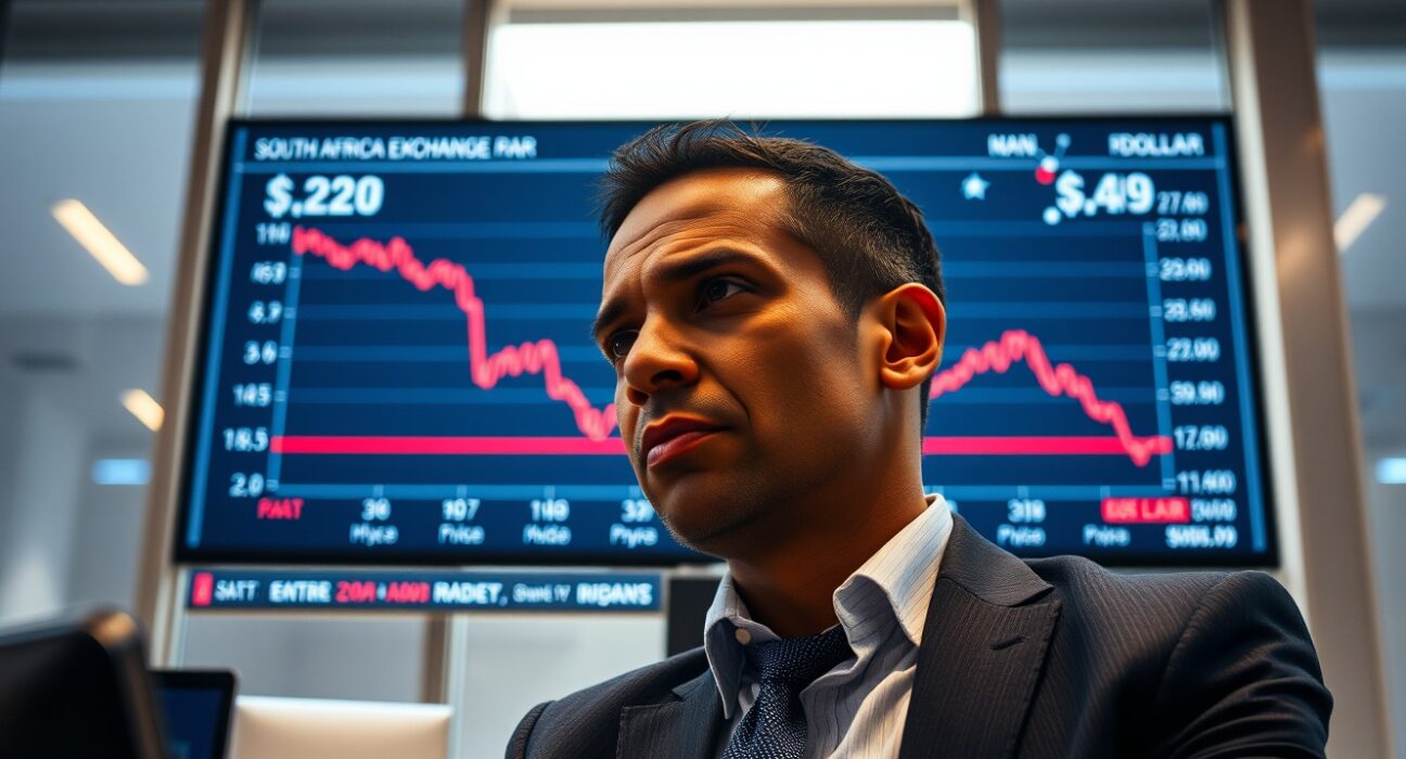 Financial analyst monitoring South African rand exchange rate chart with downward trend