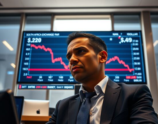 Financial analyst monitoring South African rand exchange rate chart with downward trend