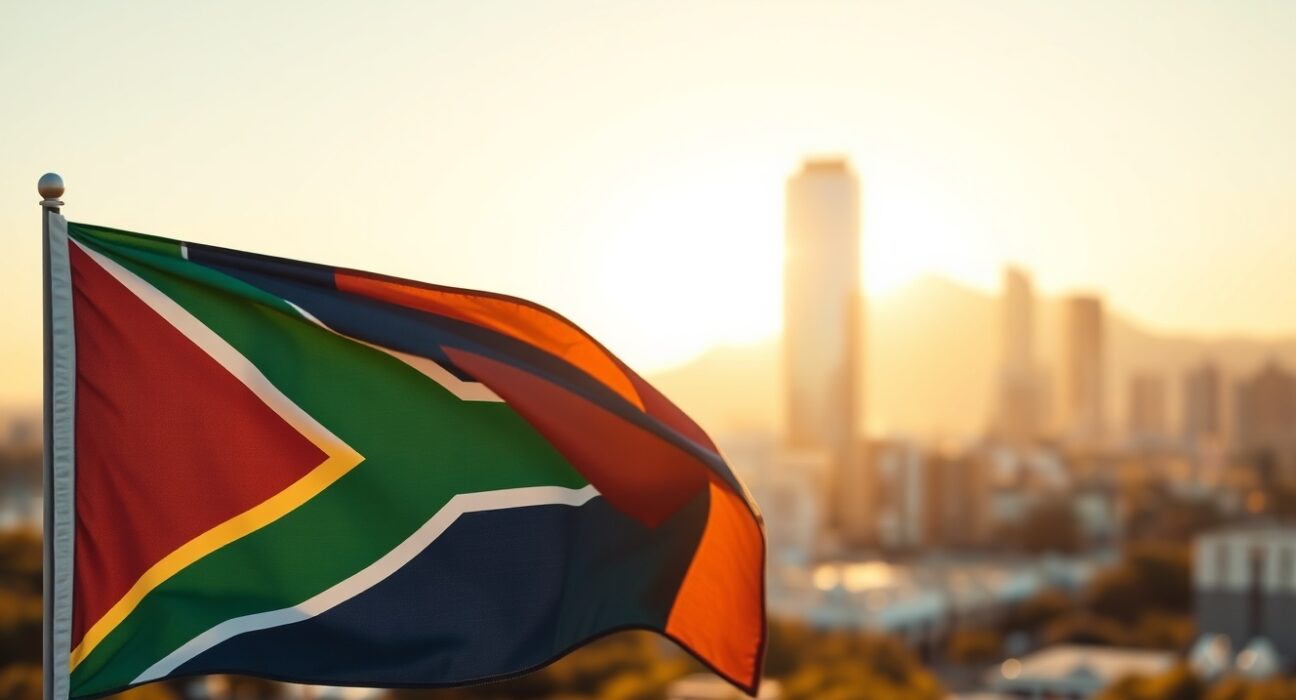 South African flag waving with city skyline in background representing economic growth