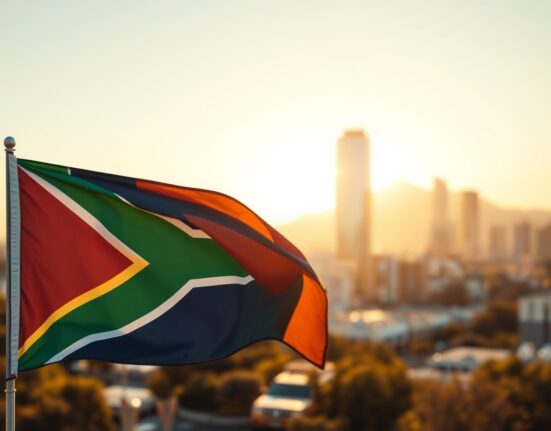 South African flag waving with city skyline in background representing economic growth