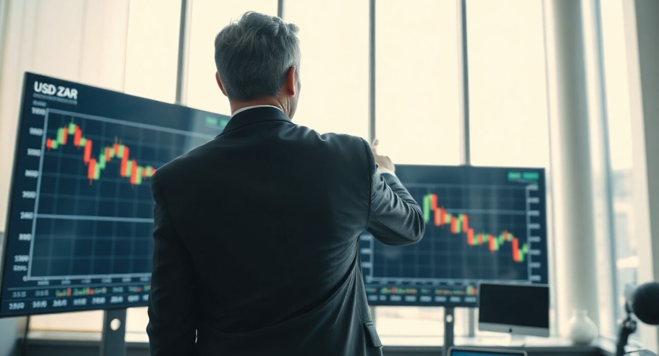 Financial analyst pointing at USD/ZAR chart on screen in modern office