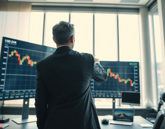 Financial analyst pointing at USD/ZAR chart on screen in modern office