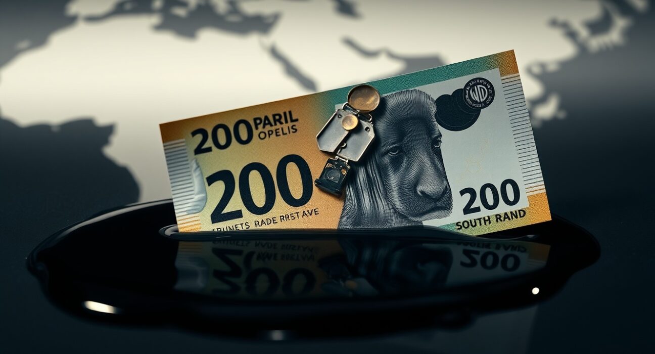 South African Rand banknote submerged in crude oil representing currency weakness from rising oil prices and US-Iran tensions.