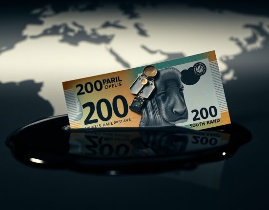South African Rand banknote submerged in crude oil representing currency weakness from rising oil prices and US-Iran tensions.