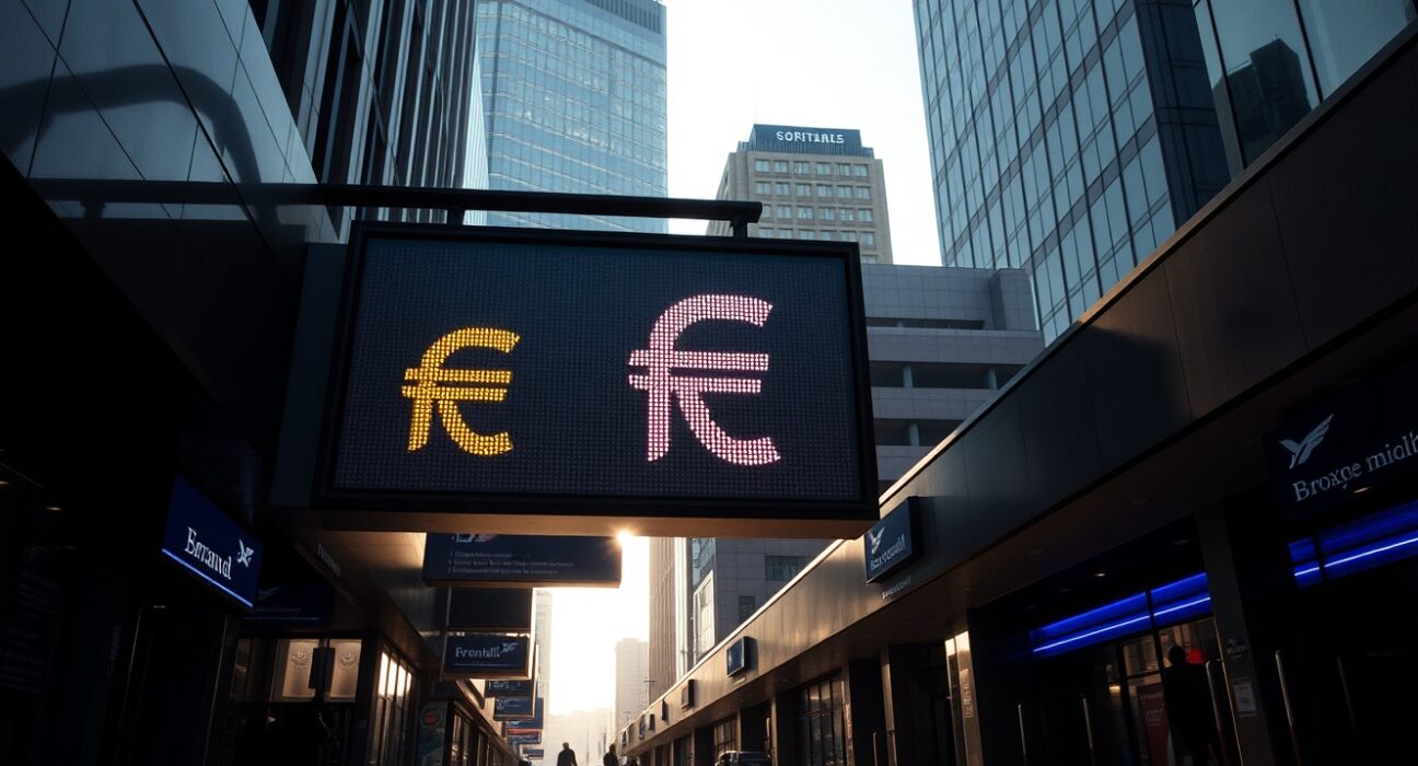 South African rand exchange rate sign in a financial district, reflecting market uncertainty ahead of the Trump-Xi summit.