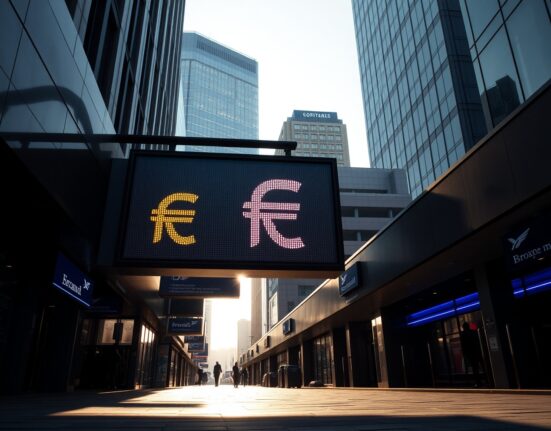South African rand exchange rate sign in a financial district, reflecting market uncertainty ahead of the Trump-Xi summit.