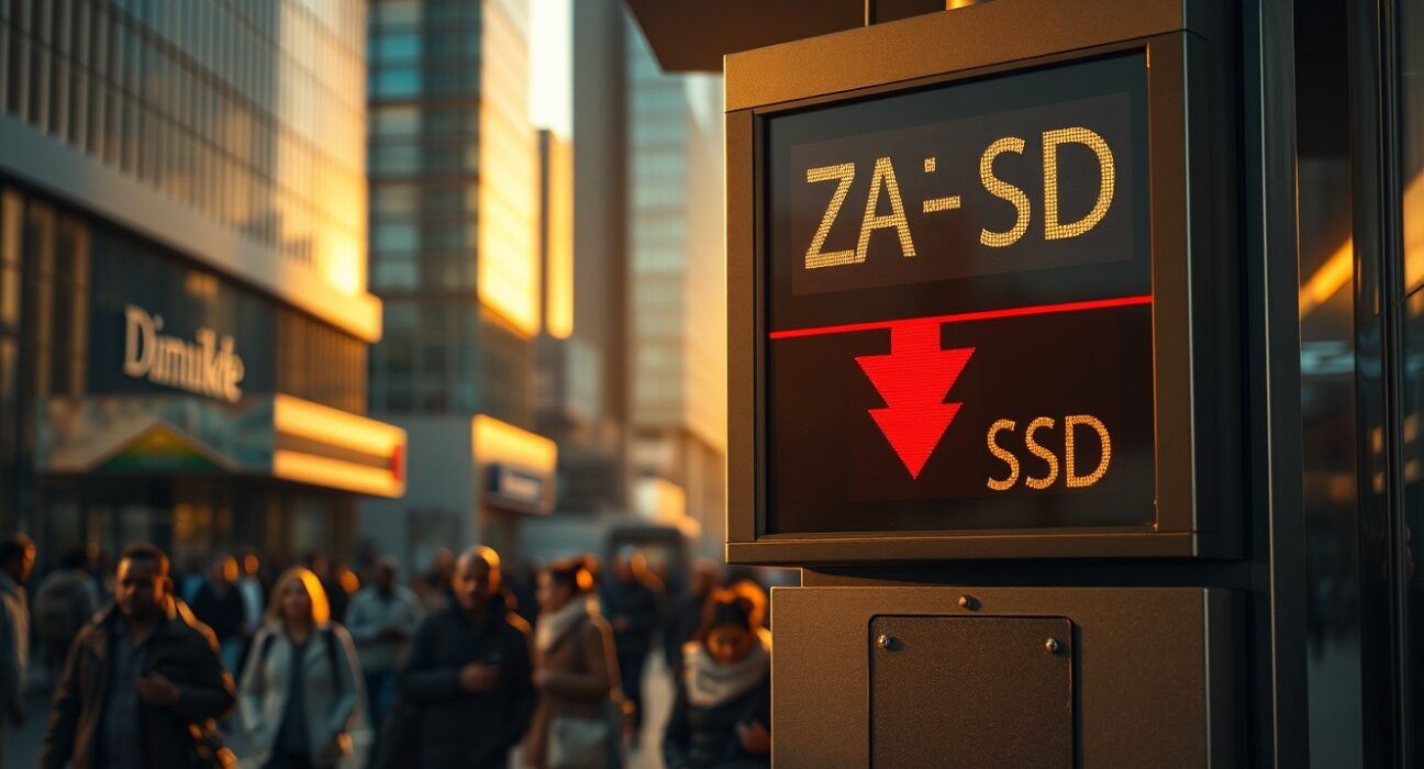 Currency exchange board in Johannesburg showing South African rand weakening against the US dollar