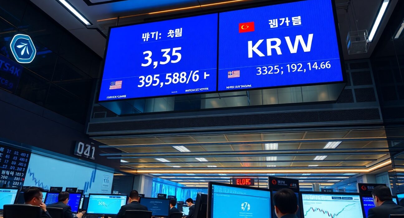 Modern trading floor in Seoul with digital screens showing USD/KRW exchange rates.