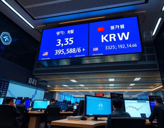 Modern trading floor in Seoul with digital screens showing USD/KRW exchange rates.