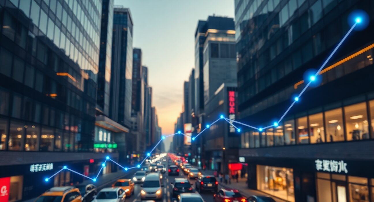 Seoul financial district at dusk with subtle digital crypto chart overlays