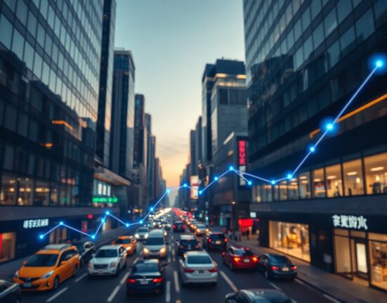 Seoul financial district at dusk with subtle digital crypto chart overlays