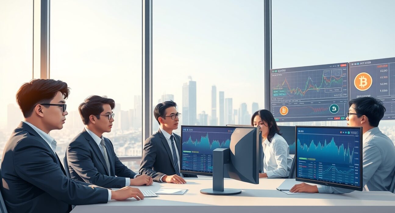 Professional analysts monitoring cryptocurrency trading data in Seoul, South Korea, representing the altcoin-dominated market.