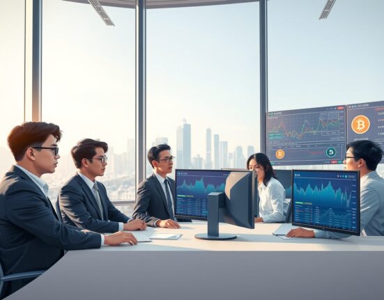 Professional analysts monitoring cryptocurrency trading data in Seoul, South Korea, representing the altcoin-dominated market.