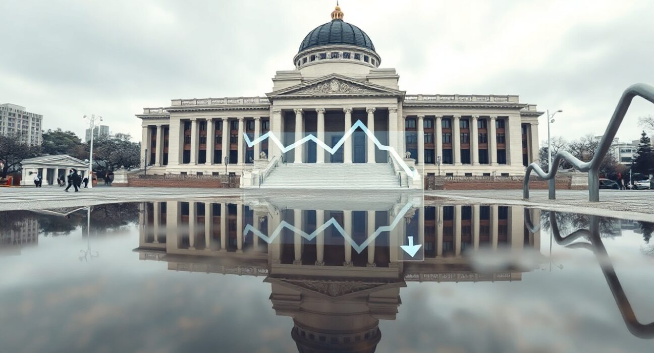 South Korean National Assembly building in Seoul with digital chart reflecting in puddle